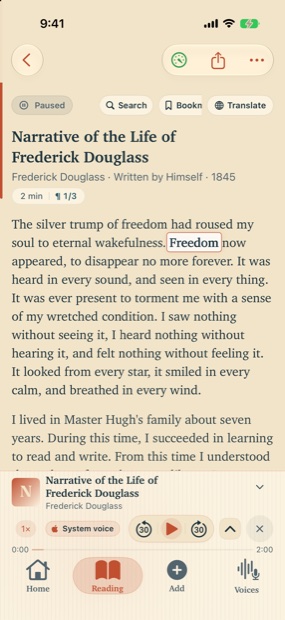 Timber open on an iPhone, reading Frederick Douglass aloud with the word &ldquo;Freedom&rdquo; highlighted as it is spoken.