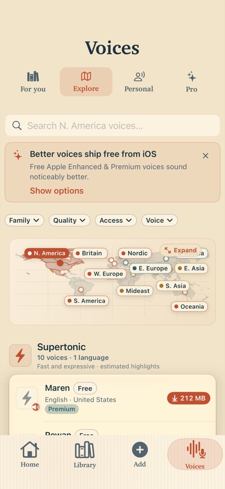 The Voices browser, listing engines and languages to explore.