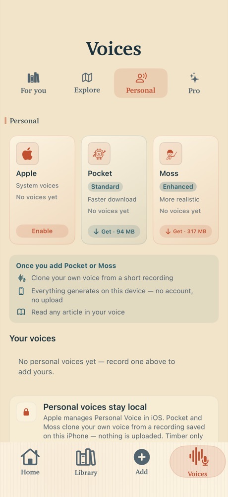 The Personal tab in Voices, where a recorded voice lives, with a note that personal voices stay local.
