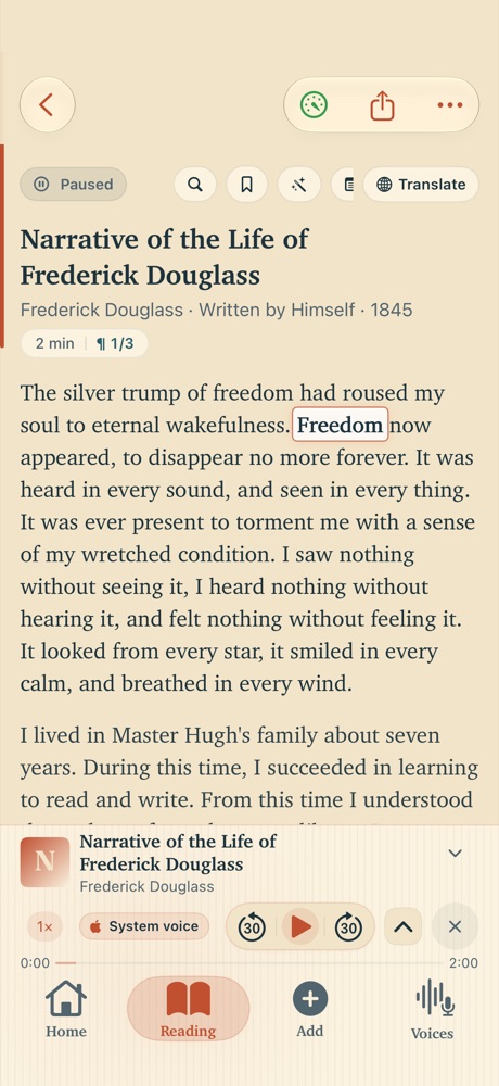 The Timber reader on an iPhone, showing Frederick Douglass with the word Freedom highlighted as it is spoken, above the playback bar.