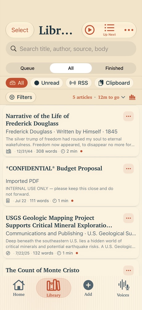 The library, showing saved articles with filters and a listening queue.