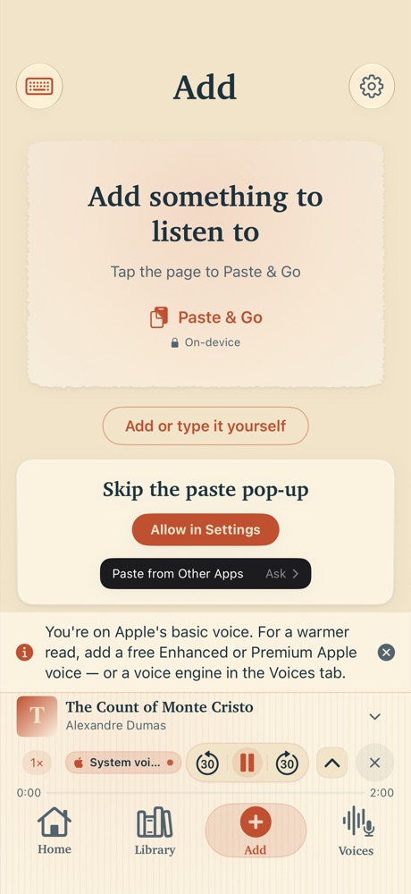 The Add screen, offering paste, PDF, EPUB, scanning and the share sheet.