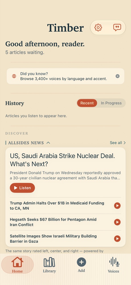 The Timber home screen, greeting the reader and listing the day's articles.