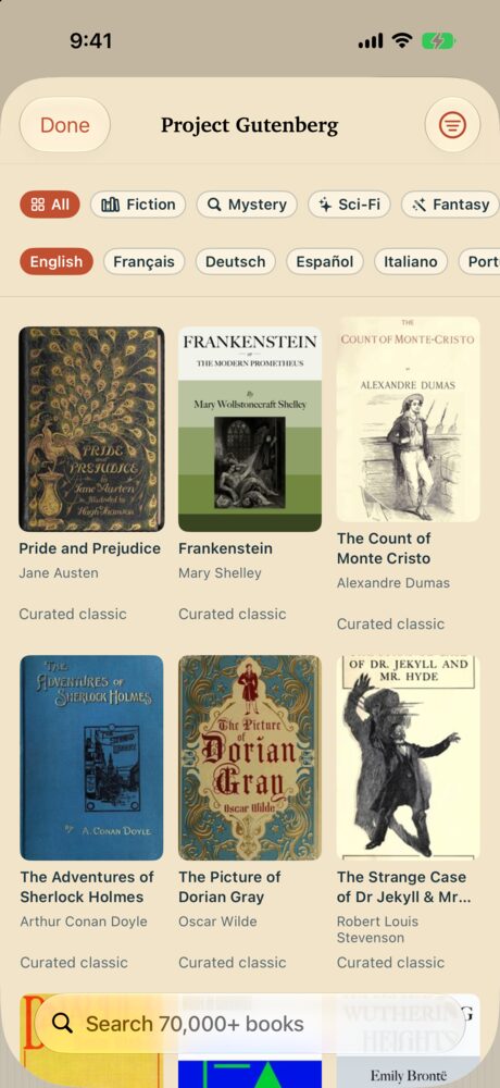 The Project Gutenberg shelf in Timber, with genre and language filters, curated classics such as Pride and Prejudice and Frankenstein, and a search across 70,000+ books.