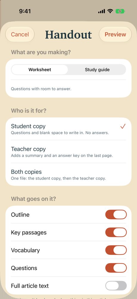 The Handout builder: choose a worksheet or a study guide, a student copy, a teacher copy or both, and what goes on it, from key passages to vocabulary and questions.
