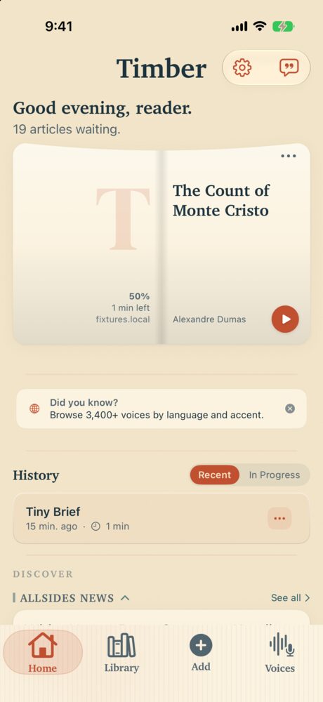 The Timber home screen greeting the reader, with The Count of Monte Cristo half finished and one minute left.