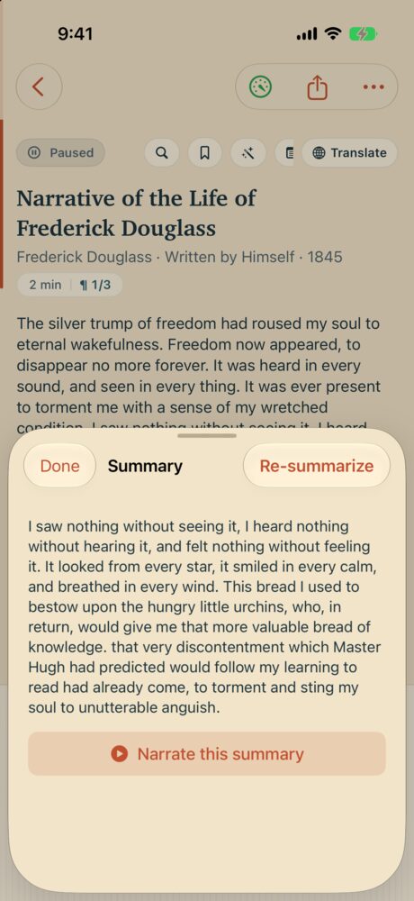 A summary sheet over Frederick Douglass&rsquo;s Narrative, made of key sentences lifted from the text, with buttons to re-summarize and to narrate the summary.